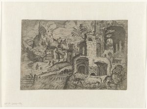 Landschap met Vlucht naar Egypte door Angelo Falconetto (attributed to)