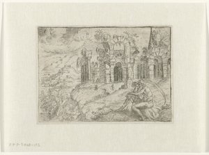 Landschap met oude man met zeis