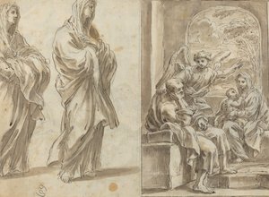 Twee Gedrapeerde Vrouwelijke Figuren; Rust tijdens de vlucht naar Egypte [verso] door Angelo Marullo