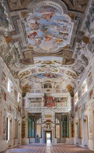 Plafond van de zaal met de Bologna-kwartieren, Zaal van de Wachten, Este Hertogelijk Paleis, Sassuolo, Italië door Angelo Michele Colonna