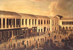 Een uitzicht op de Hongs aan de waterkant van Canton, ca. 1825
