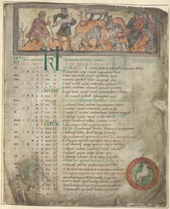 Cotton Tiberius B. V, Deel 1, f.5 Kalenderpagina voor mei. Schapen hoeden. Twee herders met hun kudde, een met een herdersstaf, en drie zittende figuren. Onderaan, Aries in een rondel door Anglo Saxon
