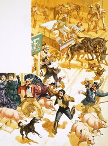 Een man rent door de straten van San Francisco en kondigt de ontdekking van goud aan door Angus McBride