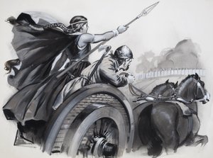 Boadicea zweept de woede van de Britten op tegen hun Romeinse overheersers (gouache op papier) door Angus McBride