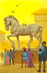 Kleistandbeeld van een paard gemaakt door Leonardo Da Vinci (gouache op papier)