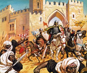 Het dode lichaam van El Cid vastgebonden op een paard waardoor de Moren vluchten