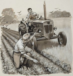 Boer ontdekt antiquarisch relikwie (gouache op papier) door Angus McBride