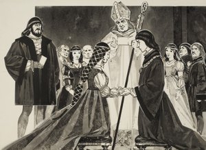 Huwelijk van Lucrezia Borgia (1480-1519) met de hertog Alfonso (gouache op papier) door Angus McBride