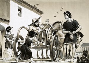 Koopman die spullen verkoopt op de rug van een strijdwagen in de Romeinse tijd door Angus McBride