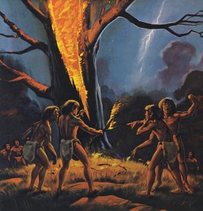 Prehistorische mens en vuur (kleurenlitho) door Angus McBride
