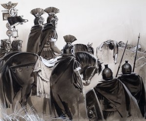 Romeinse soldaten na een veldslag (gouache op papier) door Angus McBride
