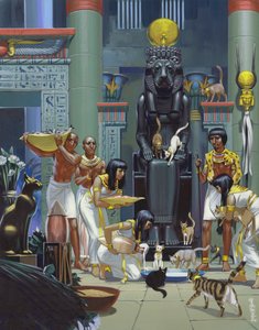 Bedienden voeren katten in een oude Egyptische tempel (gouache op papier) door Angus McBride