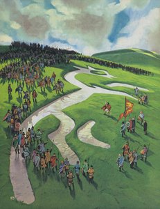 Uffington White Horse, gebouwd door Alfred De Grote na de slag bij Ashdown tegen de Denen (kleurenlitho) door Angus McBride