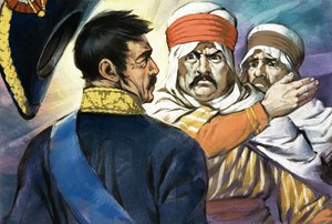Ongeïdentificeerde man in kleding uit het Midden-Oosten of Noord-Afrika slaat een andere man door Angus McBride
