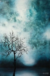 Mistige blauwgroene boom