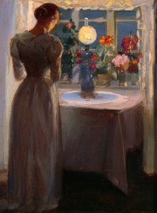 Jong meisje voor een lamp door Anna Kirstine Ancher