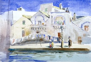 Huizen bij een kanaal met een waslijn, ca. 1864-1930