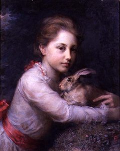 Portret van Minna Sophia Farrer met een haas door Anna Lea Merritt