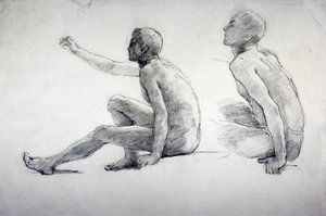 Twee studies van een zittende mannelijke naakt, ca. 1864-1930