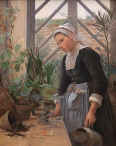 Bretonse meisje zorgt voor planten in de kas door Anna Petersen