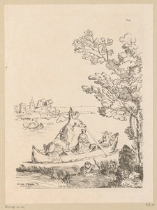 Rivierlandschap met een boot geroeid door een vrouw