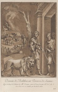 Een herder met een leeuw aan een lijn op de voorgrond, in het midden de sh..., ca. 1729-64