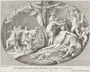 Ga Nimfen, die hun wapens neerleggen, Liefde rust!, 1730-60 door Anne Claude Philippe de Caylus