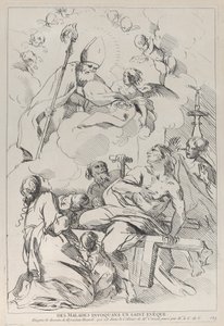 Zieke mensen roepen een bisschopsheilige, die linksboven verschijnt, 1729-40