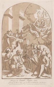 Het martelaarschap van Sint Angelo die in de linkerbovenhoek wordt neergestoken, bekeken door verschrikte..., 1729-64 door Anne Claude Philippe de Caylus