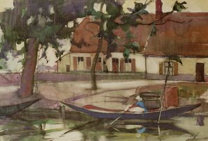 Boot op een kanaal, Frans dorp door Anne Redpath