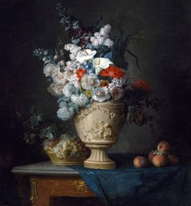 Boeket Bloemen in een Terracotta Vaas met Perziken en Druiven