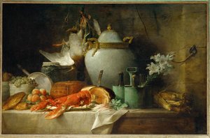 Vaas, homard, fruit et gibier - Stilleven met vaas, kreeft, fruit en wild ...