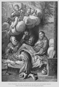 St. Franciscus van Assisi, lijdend aan ziekte, wordt genezen door het geluid van een hemels instrument (litho)