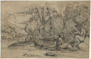 Landschap met een fluitspelende sater, vrouw en putto