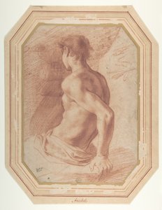 Achteraanzicht van een zittende naakte jongeman naar links gericht door Annibale Carracci