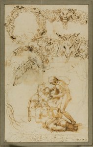 Dronken Silenus en decoratieve schetsen: Studies voor de Tazza Farnese (recto); Twee vechtende Putti: Studie voor de Galleria Farnese (verso)