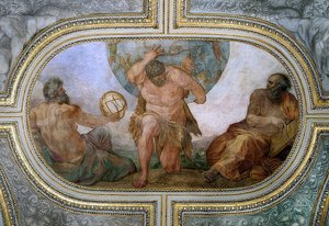 Hercules draagt voor Atlas het hemelgewelf (fresco in Camerino)