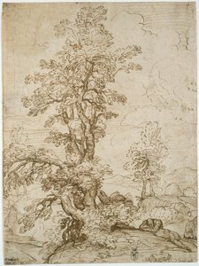 Landschap met slapende man onder boom (recto); Landschap met ruiter (verso)