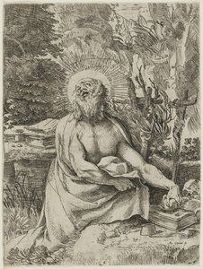 Heilige Hiëronymus in de Wildernis, c.1591 (ets met gravure op papier, iiiiv) door Annibale Carracci