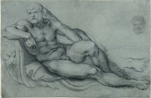 Studie van Hercules rustend, met afzonderlijke studies van zijn hoofd en voet (recto); Rechthoekig rasterontwerp (verso) door Annibale Carracci