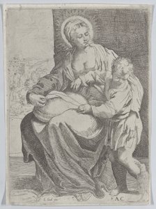 De Maagd zittend met een kussen op haar schoot en de jonge Christus staand rechts