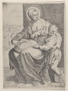 De Maagd zittend met een kussen op haar schoot en de jonge Christus staand rechts