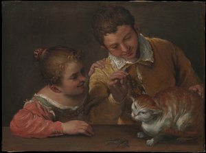 Twee kinderen plagen een kat