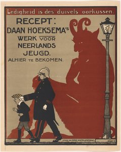 Affiche voor kinderboeken van Daan Hoeksema Ledigheid is des duivels oorkussen (titel op object)