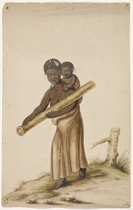 Afrikaanse vrouw met kind en boomstam
