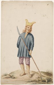 Albinoman met zotskap en wapen