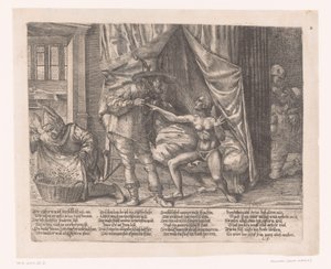 Allegorie met een man die een vrouw een kuisheidsgordel om doet door Anonymous