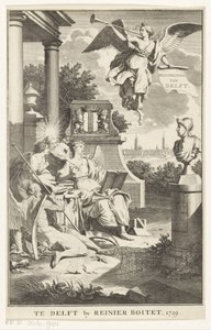 Allegorie op Delft (Titelpagina voor: S.n., Beschryving der stadt Delft, 1729)
