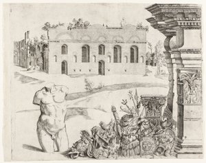 Architectuurcapriccio met spolia, een mannelijke torso en een gezicht op de Thermen van Diocletianus door Anonymous