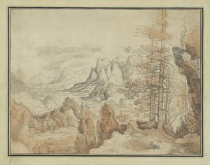 Berglandschap met bomen en gezicht in een dal door Anonymous